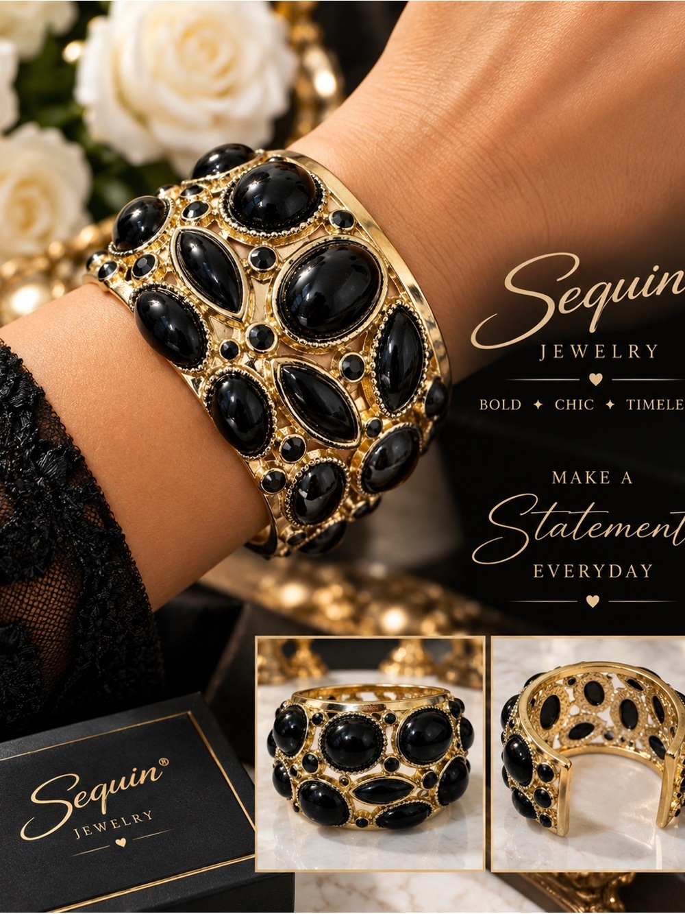 Sequin Gold Cuff Bracelet with Black Stones